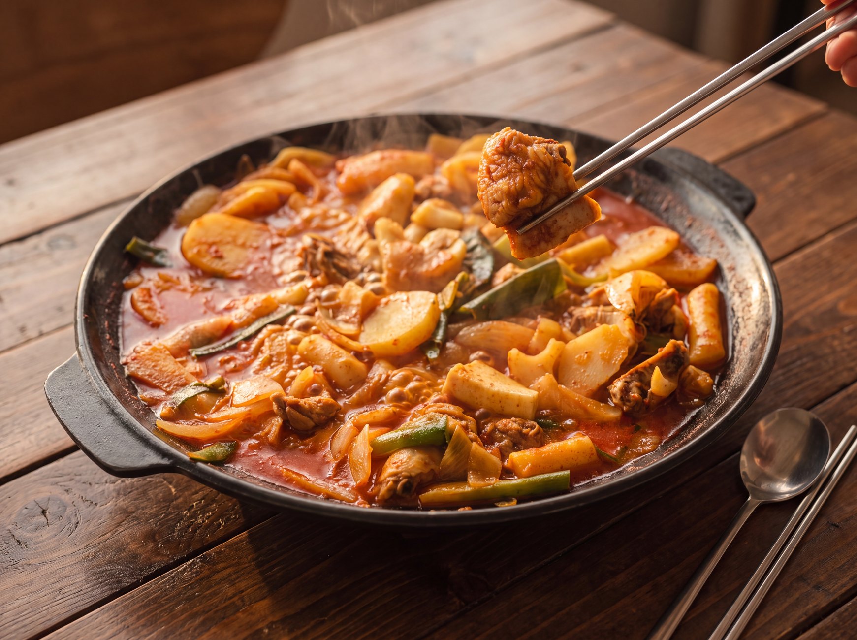 물닭갈비 한 냄비 — 검은 무쇠 냄비에서 붉은 국물이 끓고 닭고기와 떡, 감자, 대파가 함께 익는다