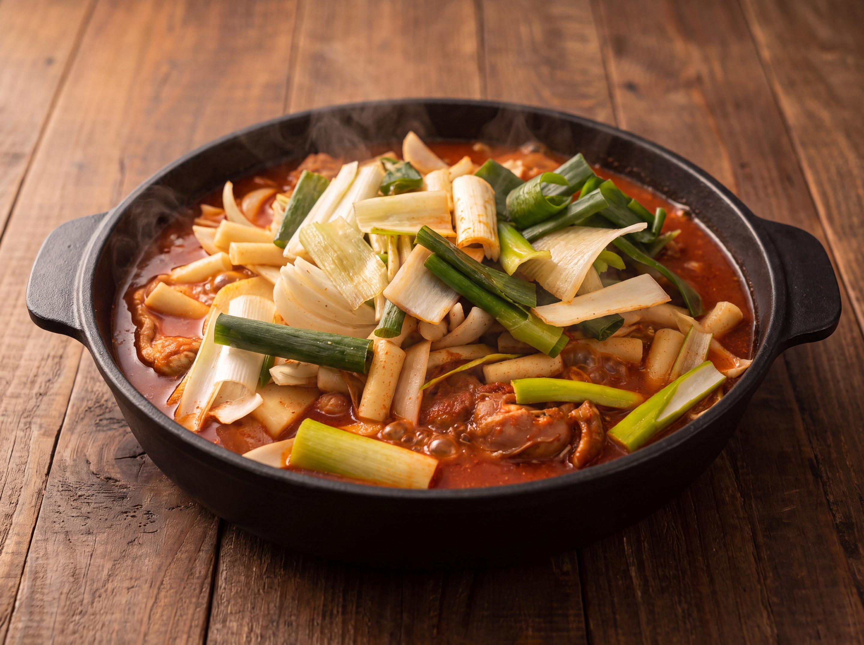 끓는 물닭갈비 한 냄비 — 붉은 국물이 자작하게 끓고 대파와 양파, 떡, 닭고기가 함께 익어 김이 오른다