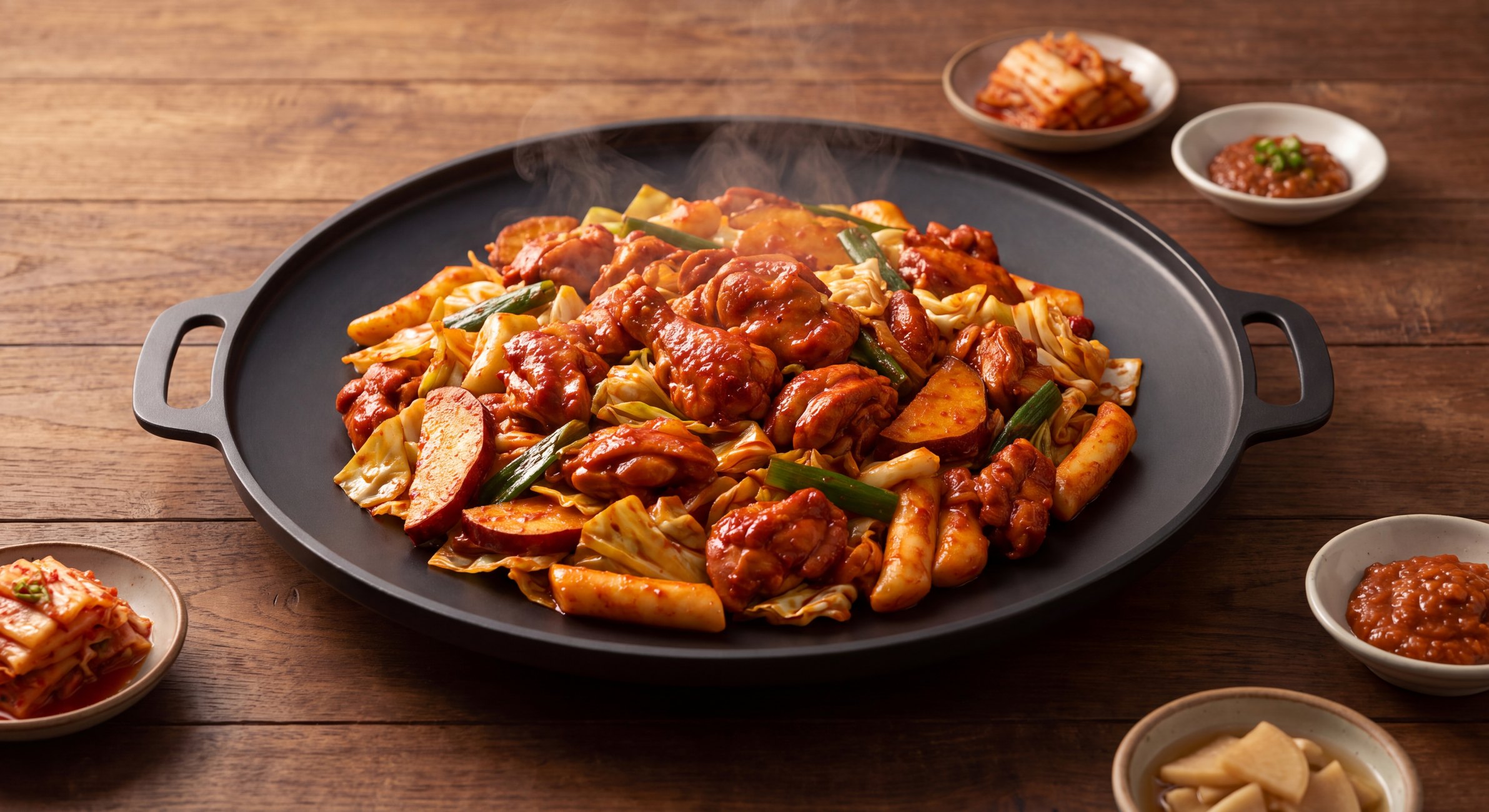 철판닭갈비 — 둥근 철판 위에서 닭다리살과 양배추, 떡, 고구마가 붉은 양념에 볶이고 있다